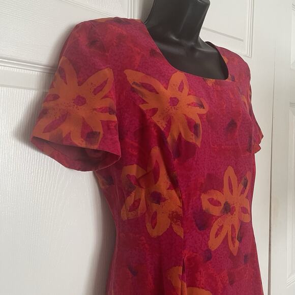 Vintage 90s Maggie London Silk Dress Women 10 Red Orange Floral Bloomcore Sheath - Picture 2 of 10